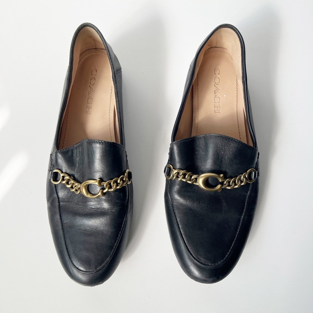 Coach Helena Loafers Size 8 Black Leather Gold Chain Link C Logo Flats Shoes - Picture 2 of 11